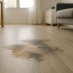 Mancha de humedad en suelo de tarima en vivienda moderna española