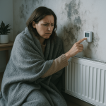 Mujer abrigada ajustando termostato junto a pared con humedad
